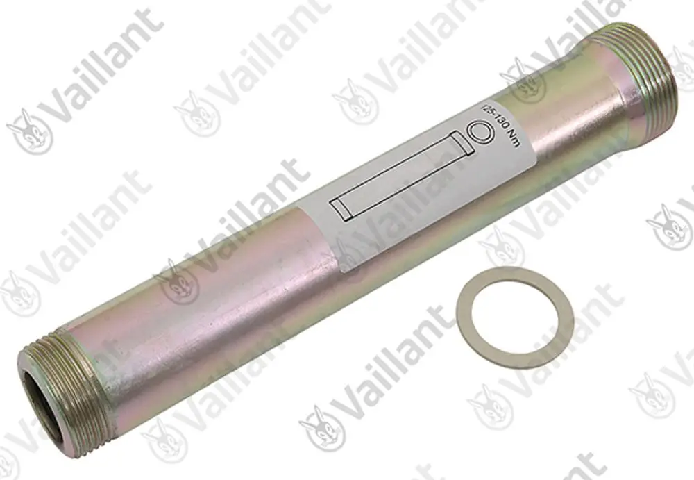 Vaillant Rohr in zylindrischer Form mit Gewinde an beiden Enden und einem beigelegten Dichtungsring. Grafisches Element zur Montage festgesetzt.